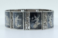Vintage Siam Sterling Silver Niello Panel Bracelet, Thai Dancers, Elephant (Mid picture