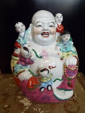 SIGNED VINTAGE LARGE CHINESE FAMILLE ROSE HAPPY BUDDHA STATUE W/KIDS  GOOD LUCK picture