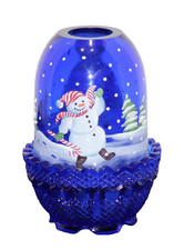 Fenton hand painted signed S Smith Cobalt blue Jolly snowman fairy lamp Winter S picture