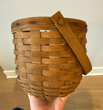 Longaberger Handwoven USA Round Woven Wood Storage Basket w/ Handle Brown picture