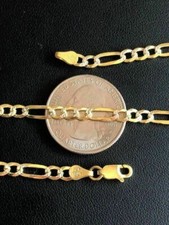 Figaro Chain Two Tone 14k Gold Plated Solid 925 Silver Diamond Cut Men Women 4mm picture