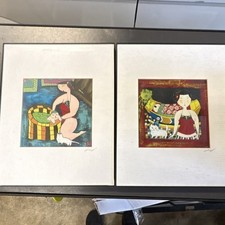Wu Chi Yong Hand Signed Prints Pair Mother Baby Cat Chinese Folk Art Framed picture