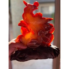 Hand Carved Carnelian Agate Phoenix Sculpture on Display Base picture