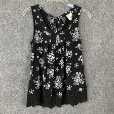 Jaretchung Black Floral Tank Top Lace Hem Tie at Back Neck Keyhole picture