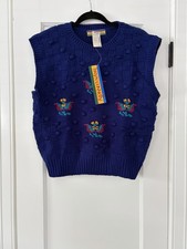 Vintage 80s 90s Bryn Connelly Knit Sweater Vest Blue Floral Bobble Medium NWT picture