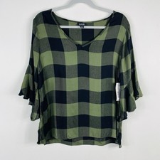 A.N.A A New Approach Top Medium Green Plaid Ruffle Sleeve V-Neck picture