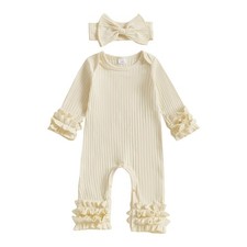 Ursobutegl Newborn Baby Girl Clothes Jumpsuit Ruffle Romper 3-6 Months, Beige  picture