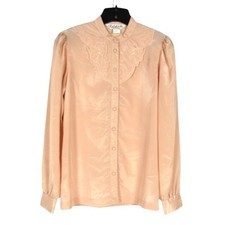 Vtg VICKI Peach Satin EYELET Floral COLLAR Button-Up Secretary Blouse/Top Sz 10 picture