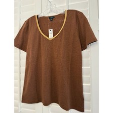 Talbots Chestnut Brown Beaded Gold V-Neck Knit Top Size XS NWT picture