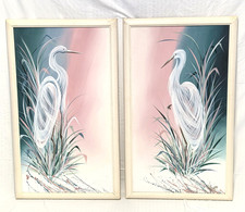 Frank Walcutt Vintage Oil Paintings Pair Matching Coastal Mid Century Egrets picture