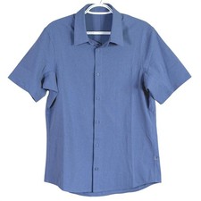 Lululemon Airing Easy Shirt Mens M Blue Short Sleeve Tech Mesh Stretch Button Up picture