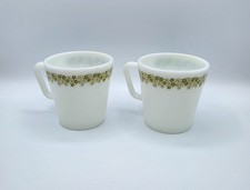 Vintage 1970s Pyrex Green Floral Garland Milk Glass Coffee Mugs – Set of 2 picture