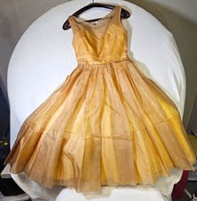 Vintage 1950s Golden Silk Organza Cocktail Party Dress - Rhinestone Neck - As Is picture