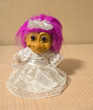 Vintage Russ Troll Doll 5 in Pink Straight Hair Brown Eyes White Lace Dress picture