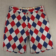Loudmouth Golf Mens Argyle Shorts Red White Blue Khaki Cotton Stretch Size 36 picture
