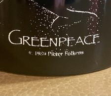 Greenpeace 1989 Black Dolphin Printed Coffee Mug w/ Handle, Vintage picture