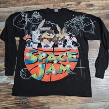 Vintage 1996 Space Jam Tune Squad Long Sleeve T-Shirt Size L Black Looney Tunes picture
