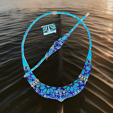 950 Silver Light  Opal Inlay Statement Set ,Necklace Bar Link Box Clasp Signed picture