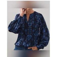 Chicos Womens Sea Island Indigo Ikat Top Size Xl Pleated Long Sleeve Office picture