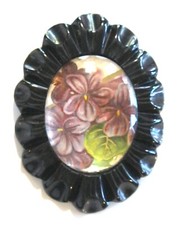 Antique Oval Carved Black Bakelite Mourning Pin Brooch w Glass & Violet Postcard picture