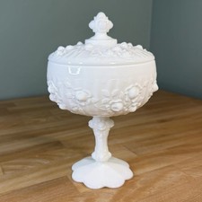 VTG Fenton White Milk Glass Cabbage Rose Pedestal Compote Candy Dish w/ Lid EUC picture