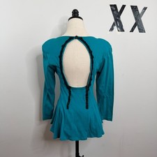 Vintage 90s Contempo Casuals Teal Open Back Beaded Trim Peplum Top M picture