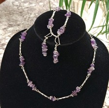 Vintage Natural Amethyst Chip Silver Tone Jewelry Set Necklace Bracelet Earrings picture