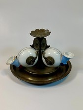 Antique 19C French JL Bascule Triple Snail Encrier Inkwell Porcelain Gilt Bronze picture