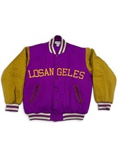 Vintage 90s Purple Gold Silk Varsity Bomber Jacket Los Angeles M picture