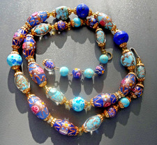 Vtg Antq Venetian Wedding Cake Blue Murano Glass Gold Tone Cup Bead 18