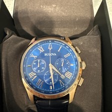 Bulova Men's Classic Wilton 97B170 Blue Dial Leather Strap Quartz Watch 46mm picture