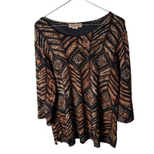 Notations Shirt Women's Large Printed 3/4 Sleeve Colorful Round Neck Brown Top picture
