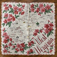 Vintage WEST VIRGINIA State Souvenir Map Cotton Hankie Hanky Handkerchief *note* picture