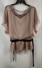 J.R. Nites By Carol Lin Women's Pink Beaded Neckline Belted Blouse Sz 10 picture