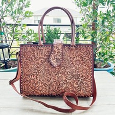 Handcrafted Floral Tooled Leather Tote Bag Premium Quality handBag picture