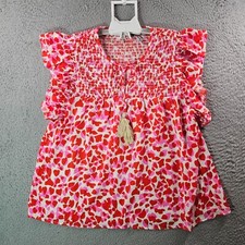 NWOT THML Top Women Medium Heart Print Tassel Red Pink White Valentine picture