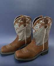 Justin Gypsy womens new blue flower decorated pull on boots, square toe, 8 1/2B picture