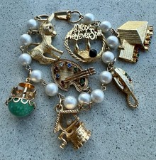 Vintage HOBCO House of Borvani Charm Bracelet. 6 Rare Charms. 24 Kt Gold ep. MCM picture