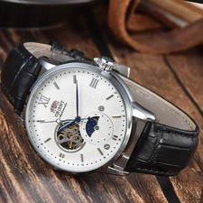 Orient Sun & Moon Semi Skeleton Automatic Watch Men's Leather Strap Luxury Gift picture
