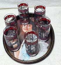 Vintage Coca-Cola Set: Oval Metal Serving Tray + 6 Stained Glass Style Glasses picture