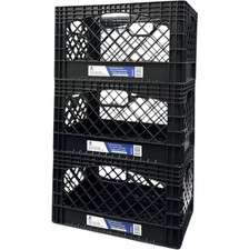 24QT Milk Crate 3 Pack Heavy Duty Stackable Storage Bin Plastic Black picture