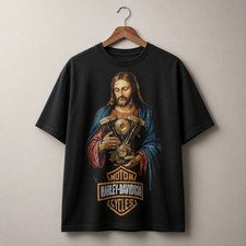 Vintage Jesus Motorcycle Engine Graphic Garment Dyed T-Shirt Distressed Biker Te picture