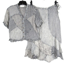 SACRED THREADS Acid-Wash PATCHWORK Asymmetrical OUTFIT Top/Skirt TOP-M SKIRT-L picture