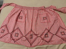 Vtg 50s Gingham Half Apron Chicken Scratch Embroidery Red White Handmade NOS  picture
