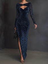Velvet Leopard High Slit Maxi Dress XL‑XXL Blue Black Cutout Elegant Fall Fit picture