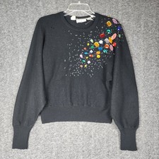Ann Tjian for Kenar Sweater Women L Black Vintage Lambswool Beaded Rhinestone picture