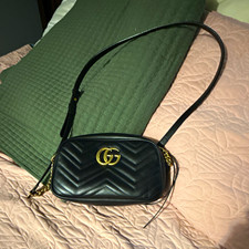 Gucci Black Chevron Quilted GG Crossbody Bag Zip Gold Hardware Adjustable picture