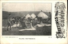Soldiers Filling Mattresses  P. J. Plant c1907 Vintage Postcard picture