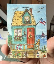 ACEO Original Beach Cottage Watercolor & Ink  Little Red Door #2 Seaside Stories picture