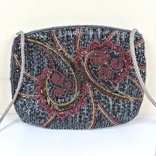Vintage Carla Marchi Beaded Evening Bag Handmade Gray Red Gold Art Deco Glam picture